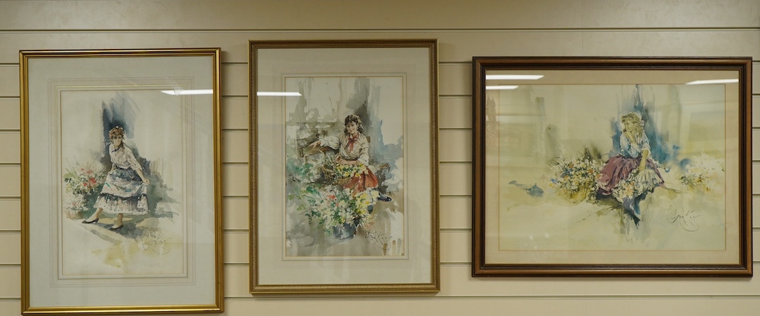 Gordon King (b.1939), two watercolours, Studies of flower sellers, each signed together with a colour print after the same artist, largest 49 x 66cm. Condition - good